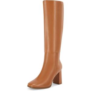 Coutgo Womens Wide Calf Knee High Boots Chunky High Heel Square Toe Fashion Leather Shoes with Side Zipper(Brown)