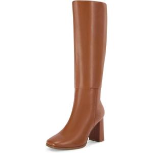 Coutgo Womens Wide Calf Knee High Boots Chunky High Heel Square Toe Fashion Leather Shoes with Side Zipper(Dark Brown)