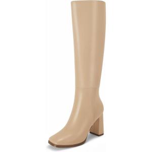 Coutgo Womens Wide Calf Knee High Boots Chunky High Heel Square Toe Fashion Leather Shoes with Side Zipper(Khaki)