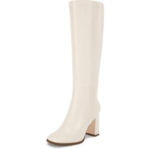 Coutgo Womens Wide Calf Knee High Boots Chunky High Heel Square Toe Fashion Leather Shoes with Side Zipper(White)