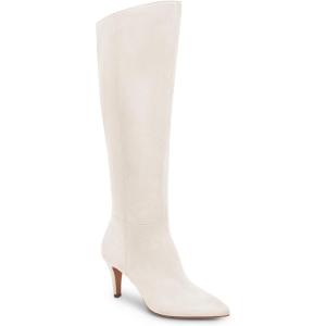 Coutgo Womens Wide Calf Knee High Boots Stiletto High Heel Pointed Toe Side Zipper Suede Long Boots Winter Shoes(Beige)