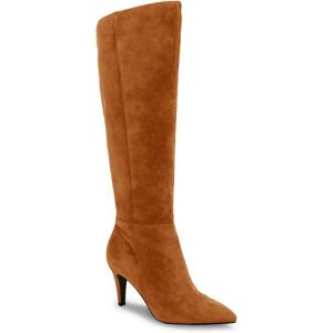 Coutgo Womens Wide Calf Knee High Boots Stiletto High Heel Pointed Toe Side Zipper Suede Long Boots Winter Shoes(Brown)