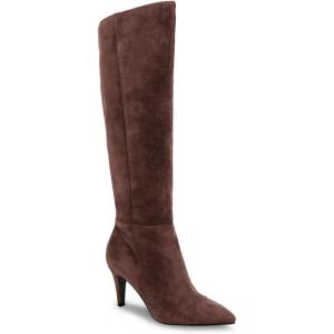 Coutgo Womens Wide Calf Knee High Boots Stiletto High Heel Pointed Toe Side Zipper Suede Long Boots Winter Shoes(Coffee)