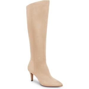 Coutgo Womens Wide Calf Knee High Boots Stiletto High Heel Pointed Toe Side Zipper Suede Long Boots Winter Shoes(Khaki)