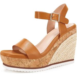 Women’s Espadrille Wedge Platform Sandals Open Toe Ankle Buckle Strap Casual Summer Shoes(02 Brown)