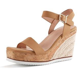 Women’s Espadrille Wedge Platform Sandals Open Toe Ankle Buckle Strap Casual Summer Shoes(02 Tan)
