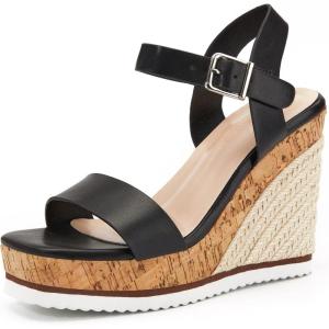 Women’s Espadrille Wedge Platform Sandals Open Toe Ankle Buckle Strap Casual Summer Shoes(Black)