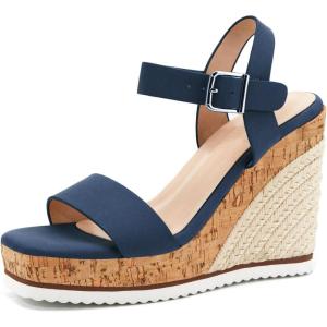 Women’s Espadrille Wedge Platform Sandals Open Toe Ankle Buckle Strap Casual Summer Shoes(Blue)
