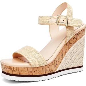 Women’s Espadrille Wedge Platform Sandals Open Toe Ankle Buckle Strap Casual Summer Shoes(Light Khaki)