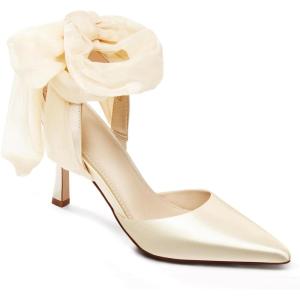 Womens Lace up Satin Heels Bow Pointed Closed Toe Bridal Dress Shoes Low Heel Wedding Elegant Pumps(Beige-satin)