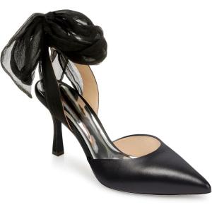 Womens Lace up Satin Heels Bow Pointed Closed Toe Bridal Dress Shoes Low Heel Wedding Elegant Pumps(Black-pu)