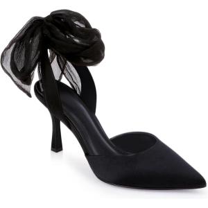 Womens Lace up Satin Heels Bow Pointed Closed Toe Bridal Dress Shoes Low Heel Wedding Elegant Pumps(Black-satin)