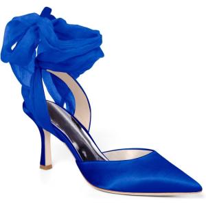 Womens Lace up Satin Heels Bow Pointed Closed Toe Bridal Dress Shoes Low Heel Wedding Elegant Pumps(Blue-satin)