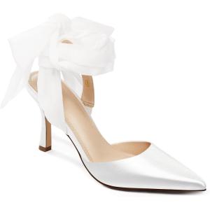 Womens Lace up Satin Heels Bow Pointed Closed Toe Bridal Dress Shoes Low Heel Wedding Elegant Pumps(Ivory White-satin)