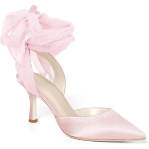 Womens Lace up Satin Heels Bow Pointed Closed Toe Bridal Dress Shoes Low Heel Wedding Elegant Pumps(Pink)