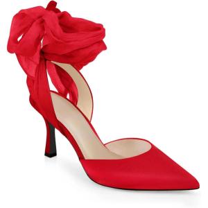 Womens Lace up Satin Heels Bow Pointed Closed Toe Bridal Dress Shoes Low Heel Wedding Elegant Pumps(Red-satin)