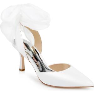 Womens Lace up Satin Heels Bow Pointed Closed Toe Bridal Dress Shoes Low Heel Wedding Elegant Pumps(White-pu)
