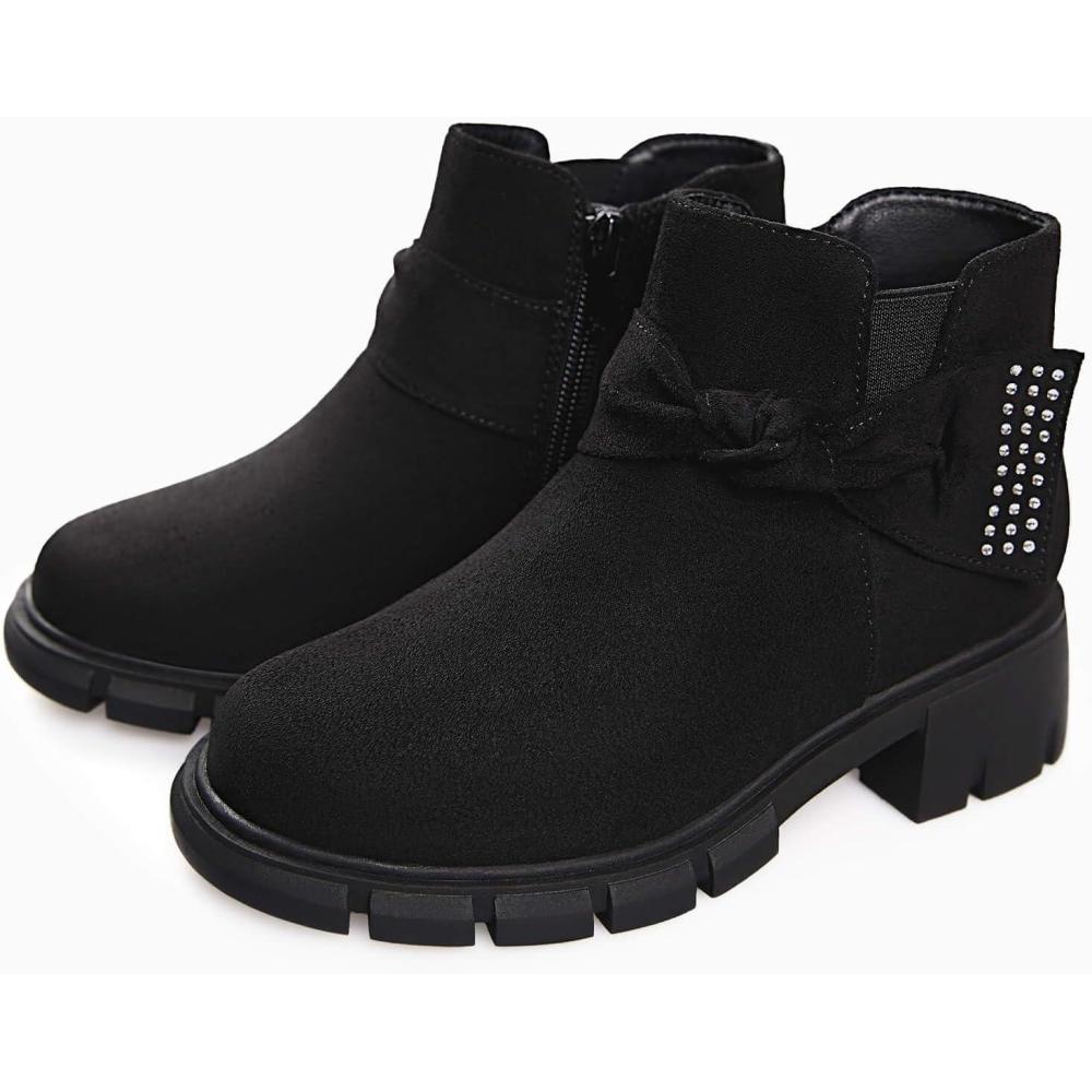 imageCoutgo Girls Ankle Boots Low Block Heel Glitter Bowknot Zipper Chelsea Booties Little Kid Big KidsBlack
