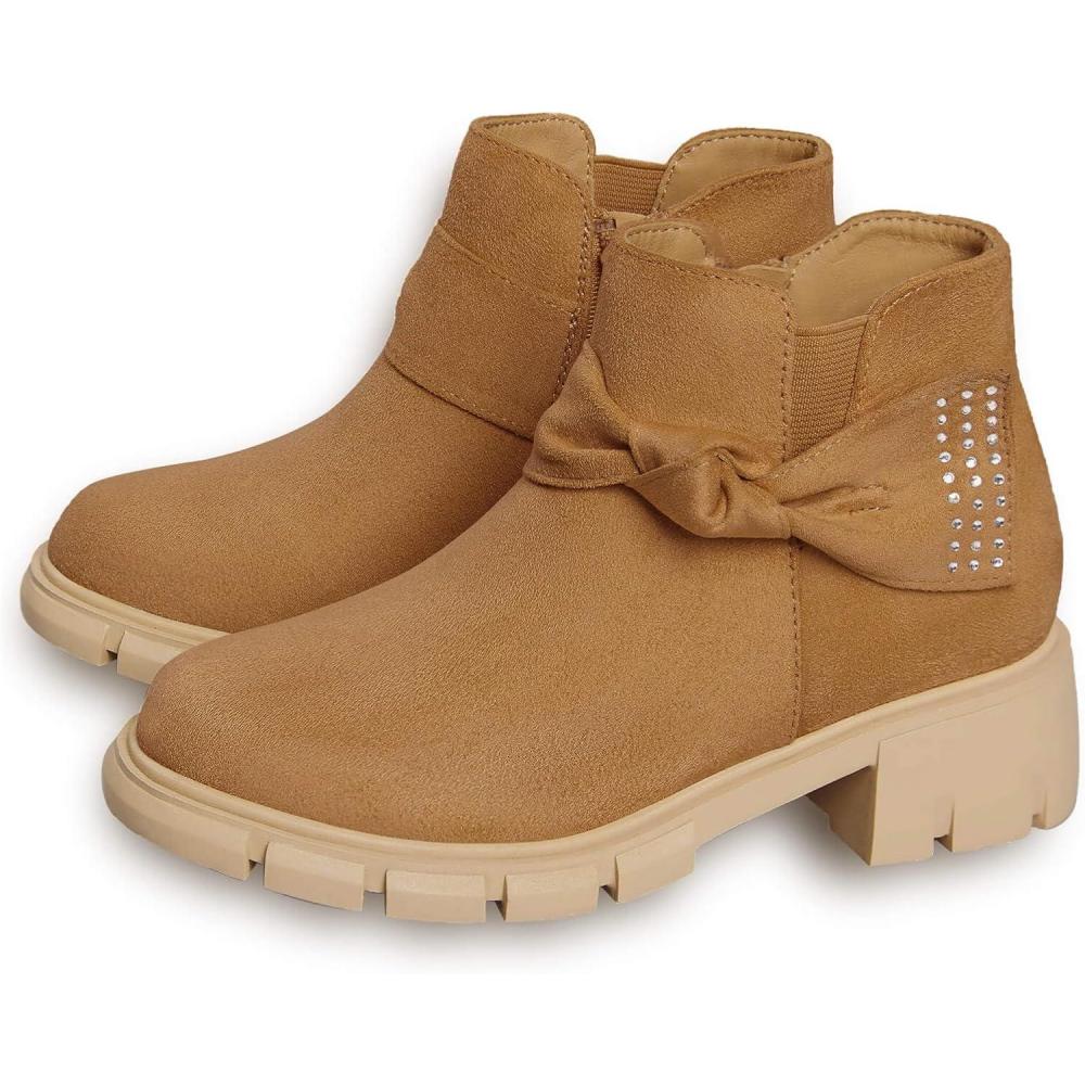 imageCoutgo Girls Ankle Boots Low Block Heel Glitter Bowknot Zipper Chelsea Booties Little Kid Big KidsLight Brownbrown