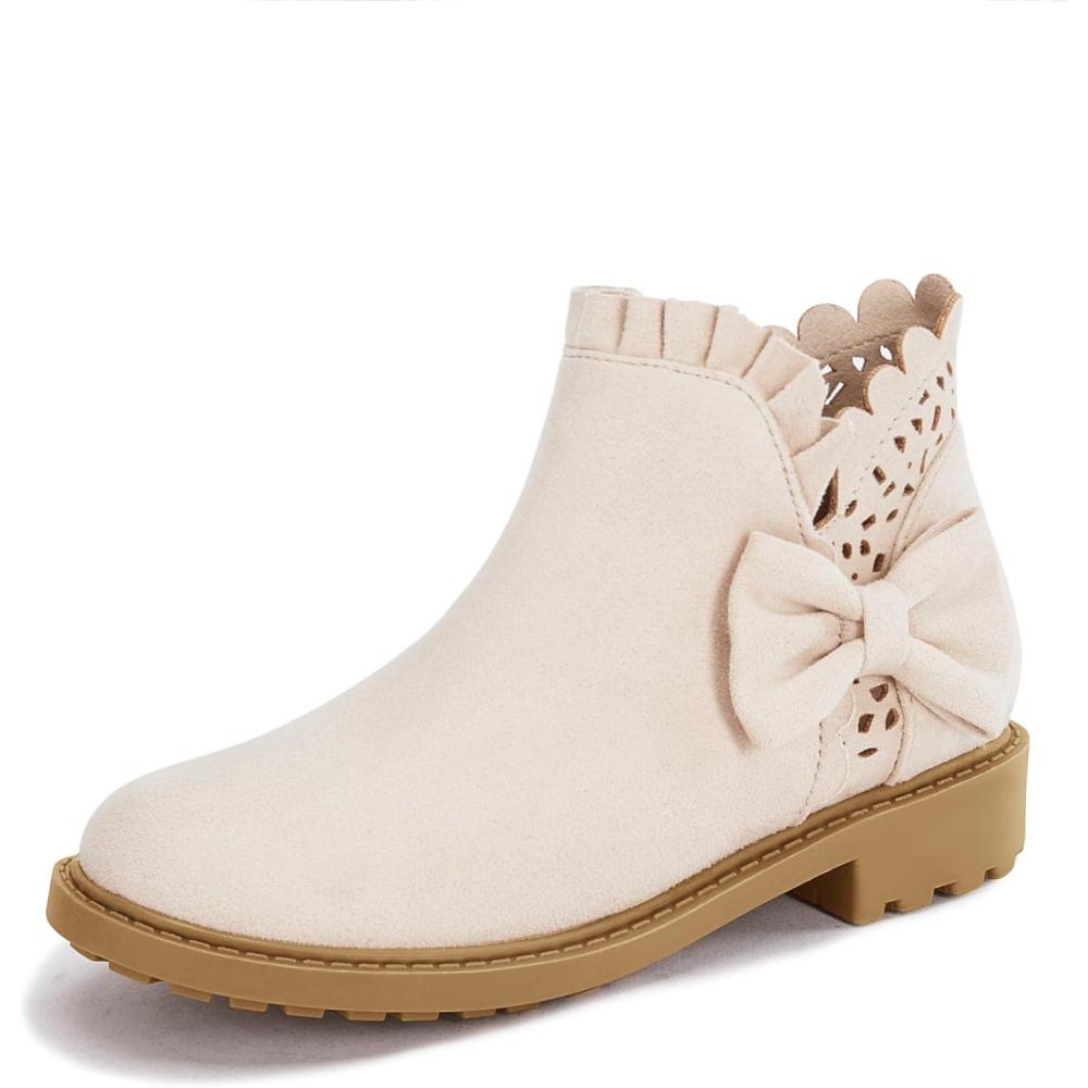 imageCoutgo Girls Bow Ankle Boots Ruffled Chunky Heel with Classic Side Zipper Dress Booties for Little KidsBig KidsBeige