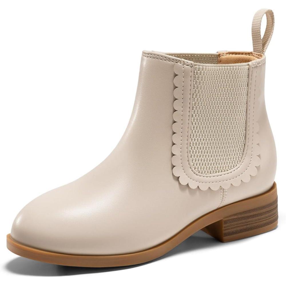 imageCoutgo Girls Chelsea Ankle Boots Kids Slip On Chunky Low Heel Elastic Fall Winter Booties ShoesBeige