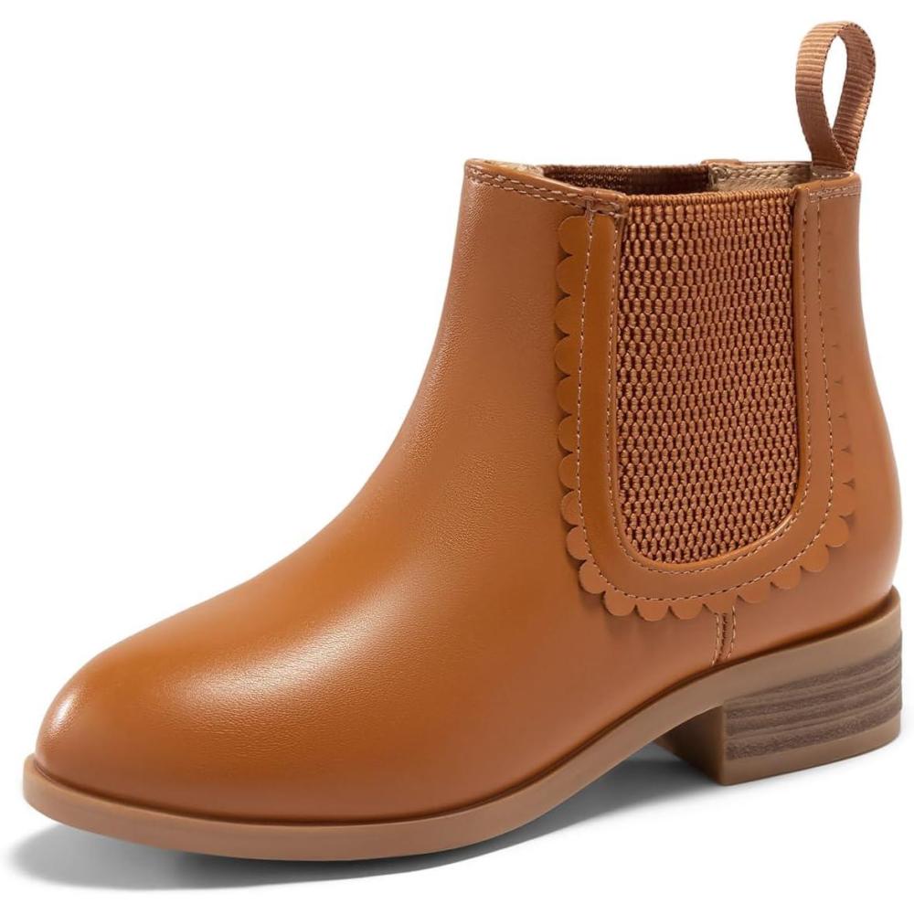 imageCoutgo Girls Chelsea Ankle Boots Kids Slip On Chunky Low Heel Elastic Fall Winter Booties ShoesBrown