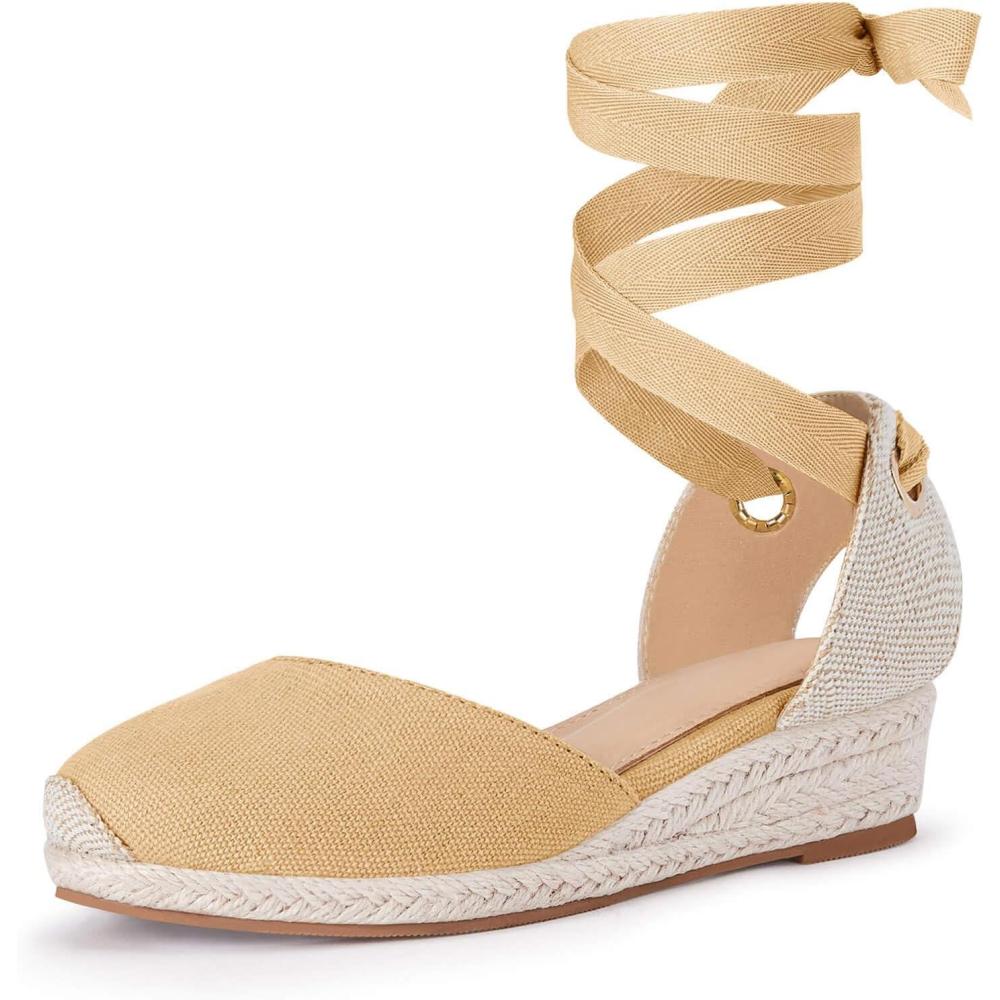 imageCoutgo Girls Espadrille Platform Wedge Sandals Closed Toe Lace Up Ankle Strap Summer Shoes Toddler Little Big KidKhaki