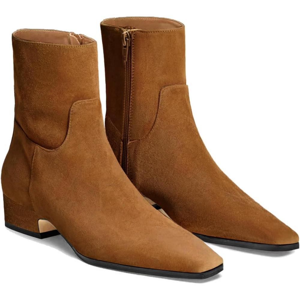 imageCoutgo Womens Booties Low Heel Ankle Boots Square Pointed Toe Chunky Heel Side Zipper Dressy Fall Boots ShoesBrown