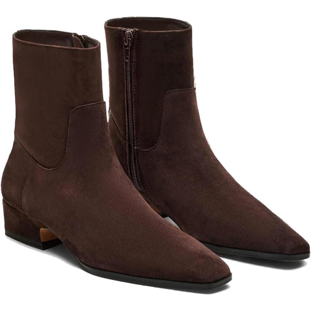 imageCoutgo Womens Booties Low Heel Ankle Boots Square Pointed Toe Chunky Heel Side Zipper Dressy Fall Boots ShoesChocolate