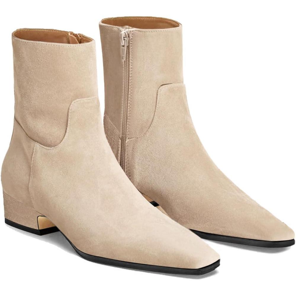 imageCoutgo Womens Booties Low Heel Ankle Boots Square Pointed Toe Chunky Heel Side Zipper Dressy Fall Boots ShoesNude