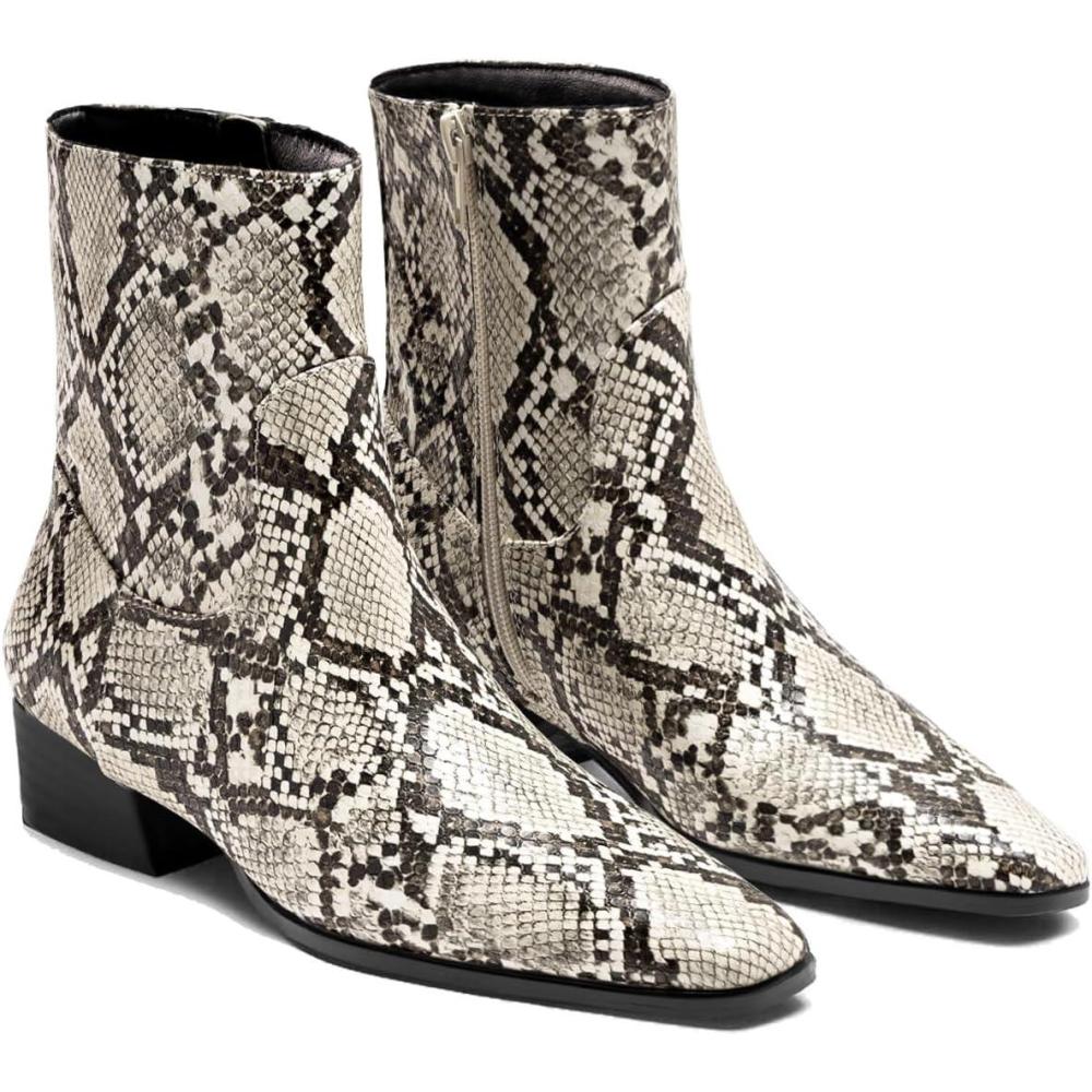 imageCoutgo Womens Booties Low Heel Ankle Boots Square Pointed Toe Chunky Heel Side Zipper Dressy Fall Boots ShoesSnake Print
