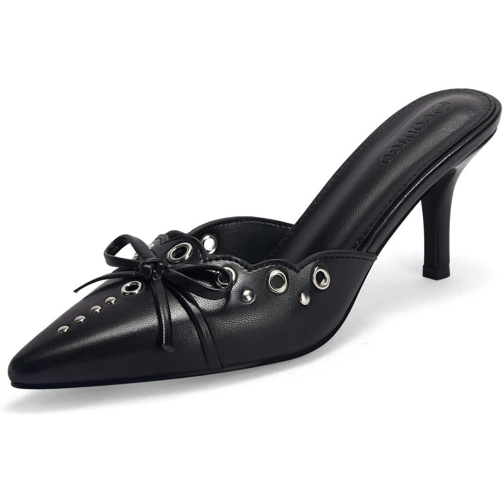 imageCoutgo Womens Bow Tie Mule Heels Pointed Toe Studded Backless Stilettos Slip On Dress Pump ShoesCool Black