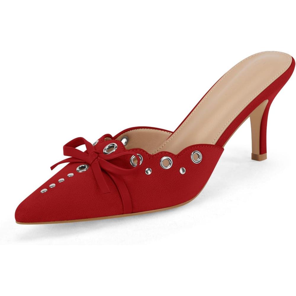 imageCoutgo Womens Bow Tie Mule Heels Pointed Toe Studded Backless Stilettos Slip On Dress Pump ShoesRed