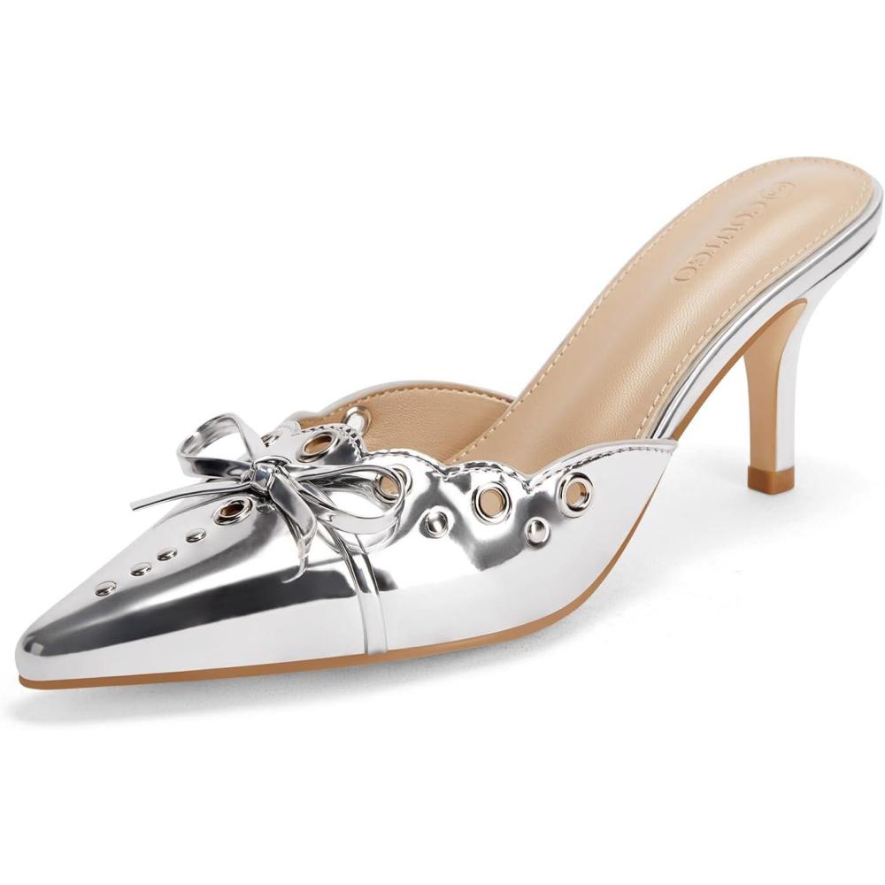 imageCoutgo Womens Bow Tie Mule Heels Pointed Toe Studded Backless Stilettos Slip On Dress Pump ShoesSilver