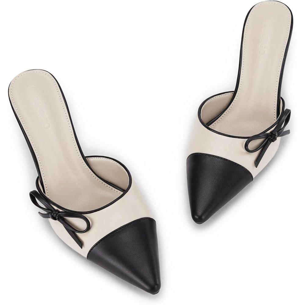 imageCoutgo Womens Bow Tie Mules Heels Two Tone Closed Pointed Toe Slip On Backless Wedding Dress Shoes PumpsBeige