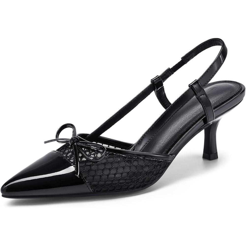 imageCoutgo Womens Bow Tie Slingback Pumps Pointed Toe Kitten Low Heel Patchwork Dress Heeled SandalsCool Black