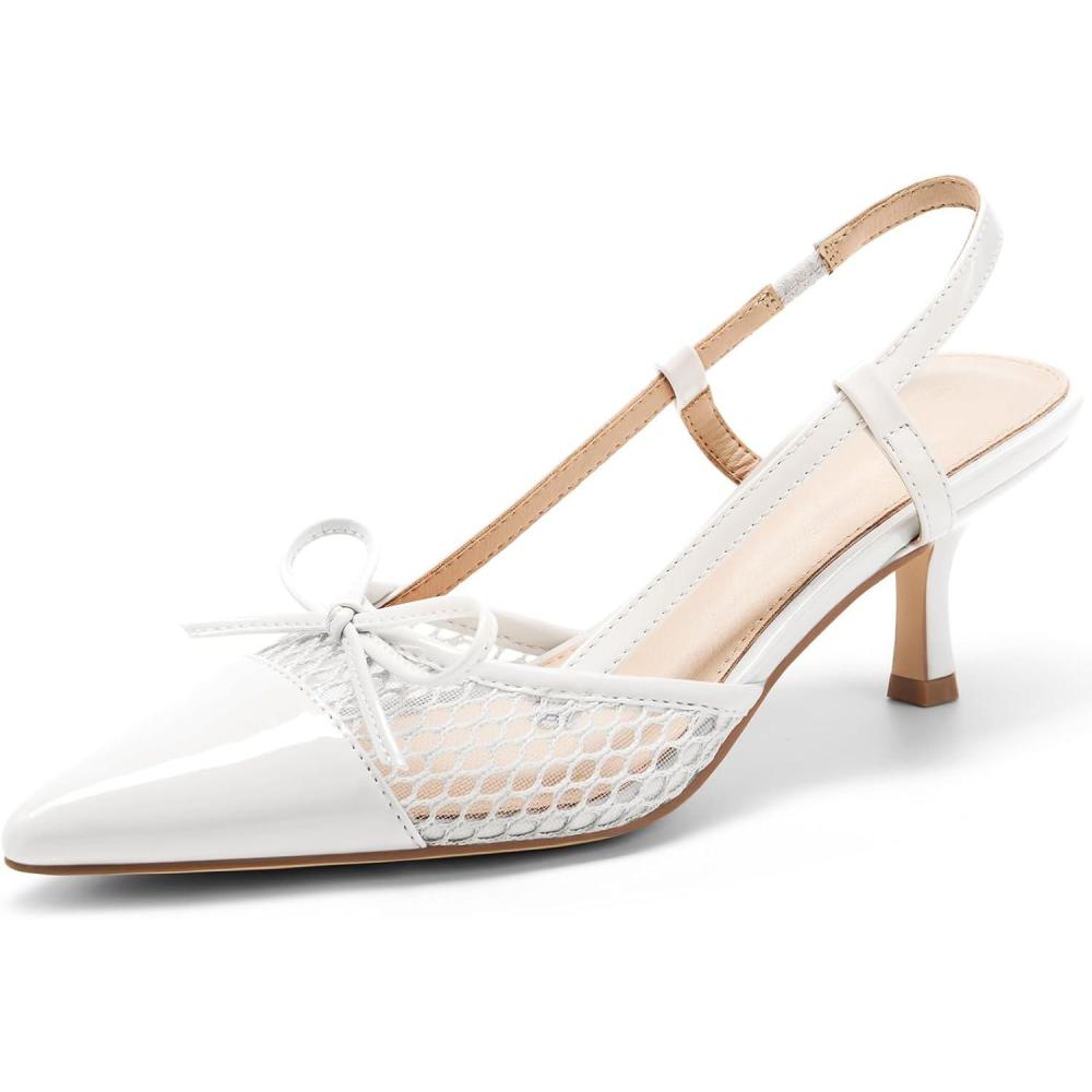 imageCoutgo Womens Bow Tie Slingback Pumps Pointed Toe Kitten Low Heel Patchwork Dress Heeled SandalsCool White