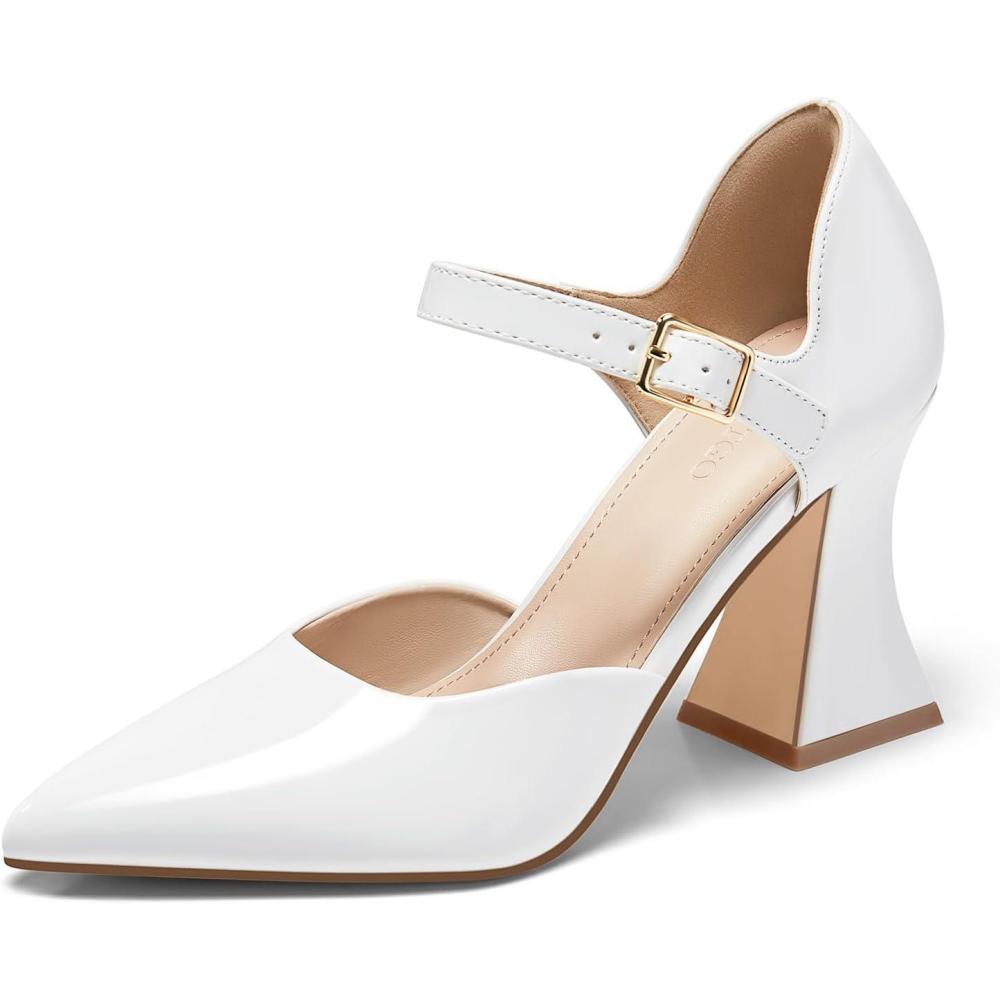 imageCoutgo Womens Chunky High Heels Closed Pointed Toe Ankle Strap Pumps Cute Dress Dance ShoesWhite