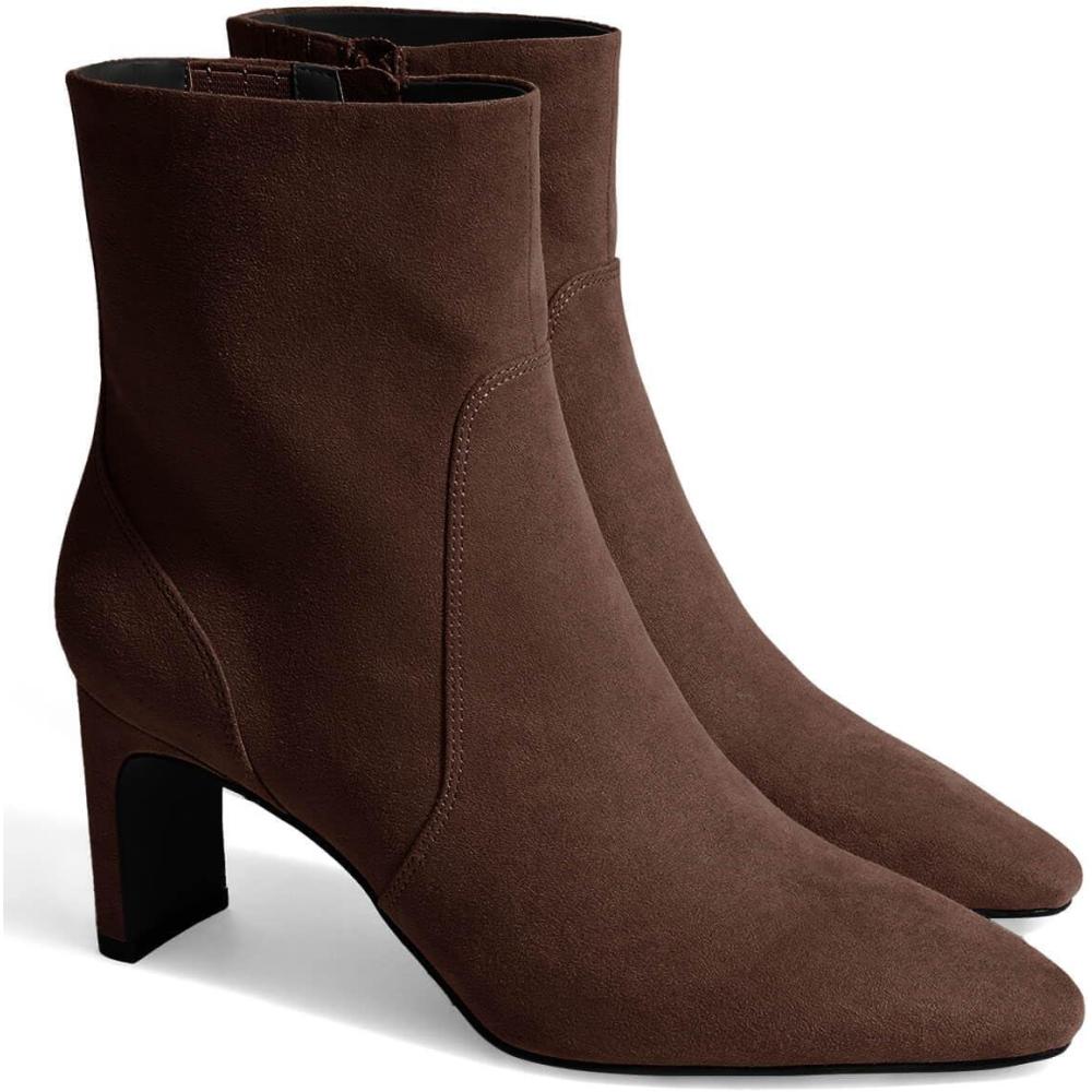 imageCoutgo Womens Chunky Low Heel Ankle Boots Square Pointed Toe Side Zipper Booties Faux Suede Fall ShoesChocolate
