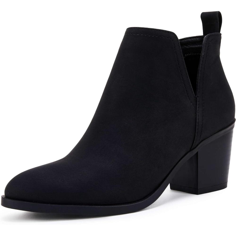 imageCoutgo Womens Cut Out Ankle Boots Chunky Stacked Heel Almond Toe Slip on Western BootiesBlack