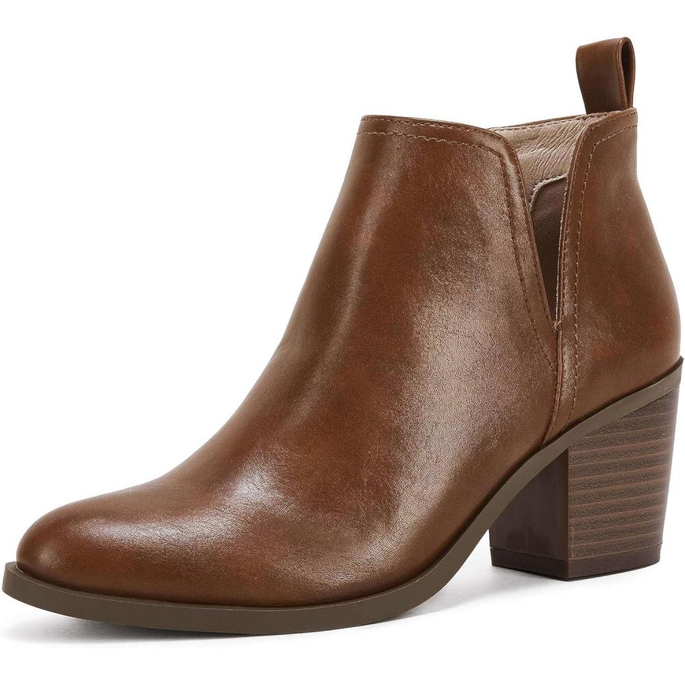 imageCoutgo Womens Cut Out Ankle Boots Chunky Stacked Heel Almond Toe Slip on Western BootiesBrown