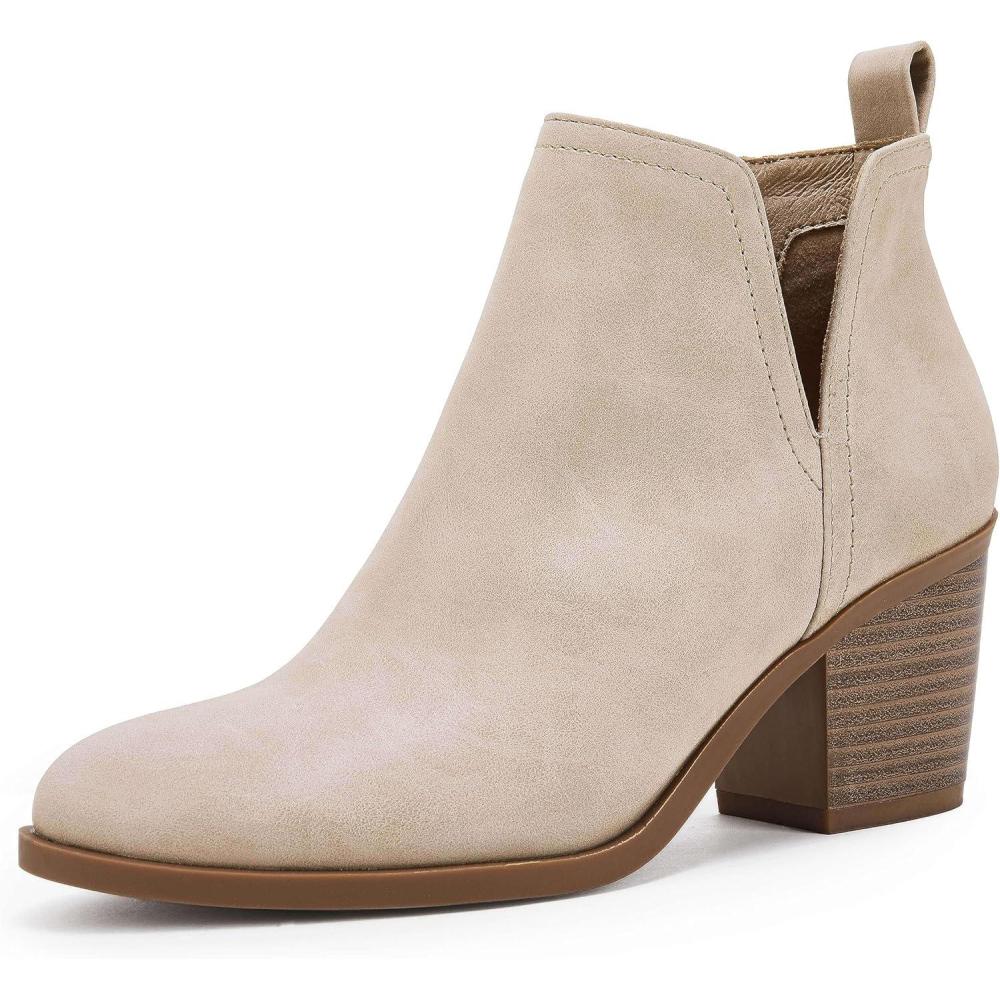 imageCoutgo Womens Cut Out Ankle Boots Chunky Stacked Heel Almond Toe Slip on Western BootiesKhaki