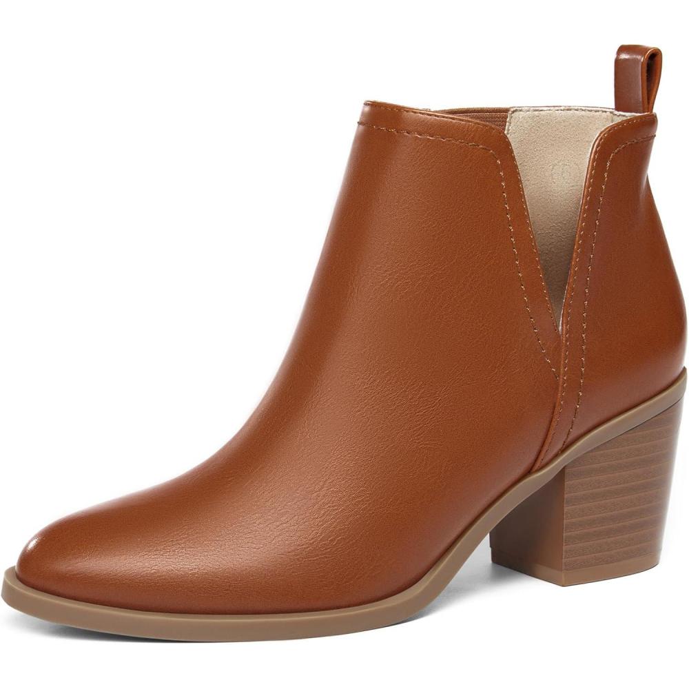 imageCoutgo Womens Cut Out Ankle Boots Chunky Stacked Heel Almond Toe Slip on Western BootiesRedbrown