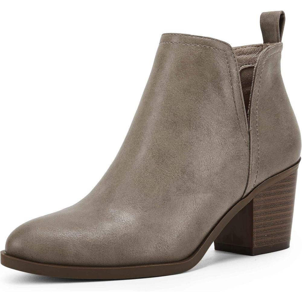 imageCoutgo Womens Cut Out Ankle Boots Chunky Stacked Heel Almond Toe Slip on Western BootiesTaupe