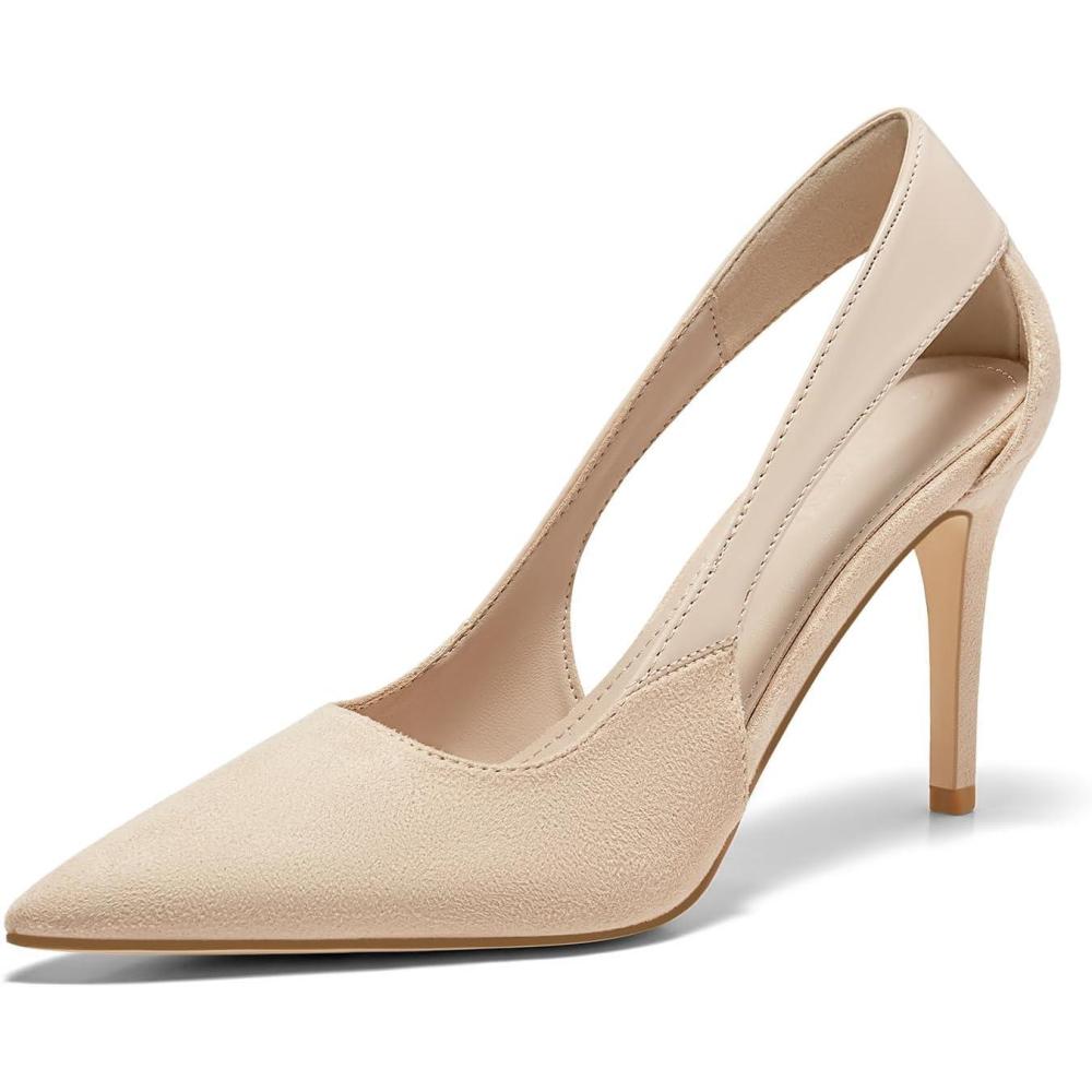 imageCoutgo Womens Dressy Heels Shoes Closed Pointed Toe Cut Out Pumps Casual Work ShoesKhaki