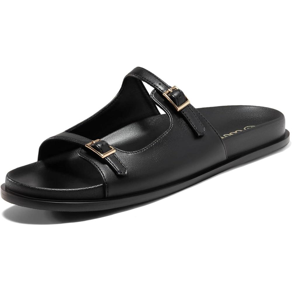imageCoutgo Womens Flat Sandals Comfortable Wide Width Slides Double Strap Adjustable Buckle Slip on ShoesBlack