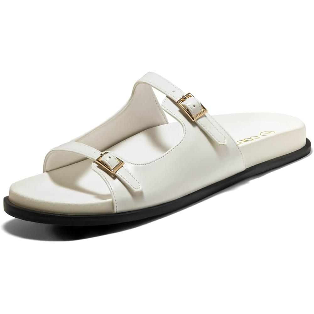 imageCoutgo Womens Flat Sandals Comfortable Wide Width Slides Double Strap Adjustable Buckle Slip on ShoesWhite