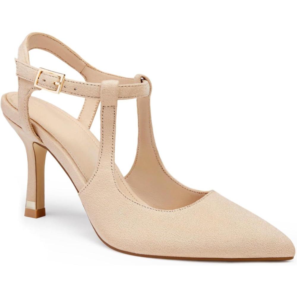 imageCoutgo Womens High Heels Pointed Toe Ankle Strap Pumps Patent Leather Sexy Stiletto Office Wedding Dress ShoesBsuede Nude