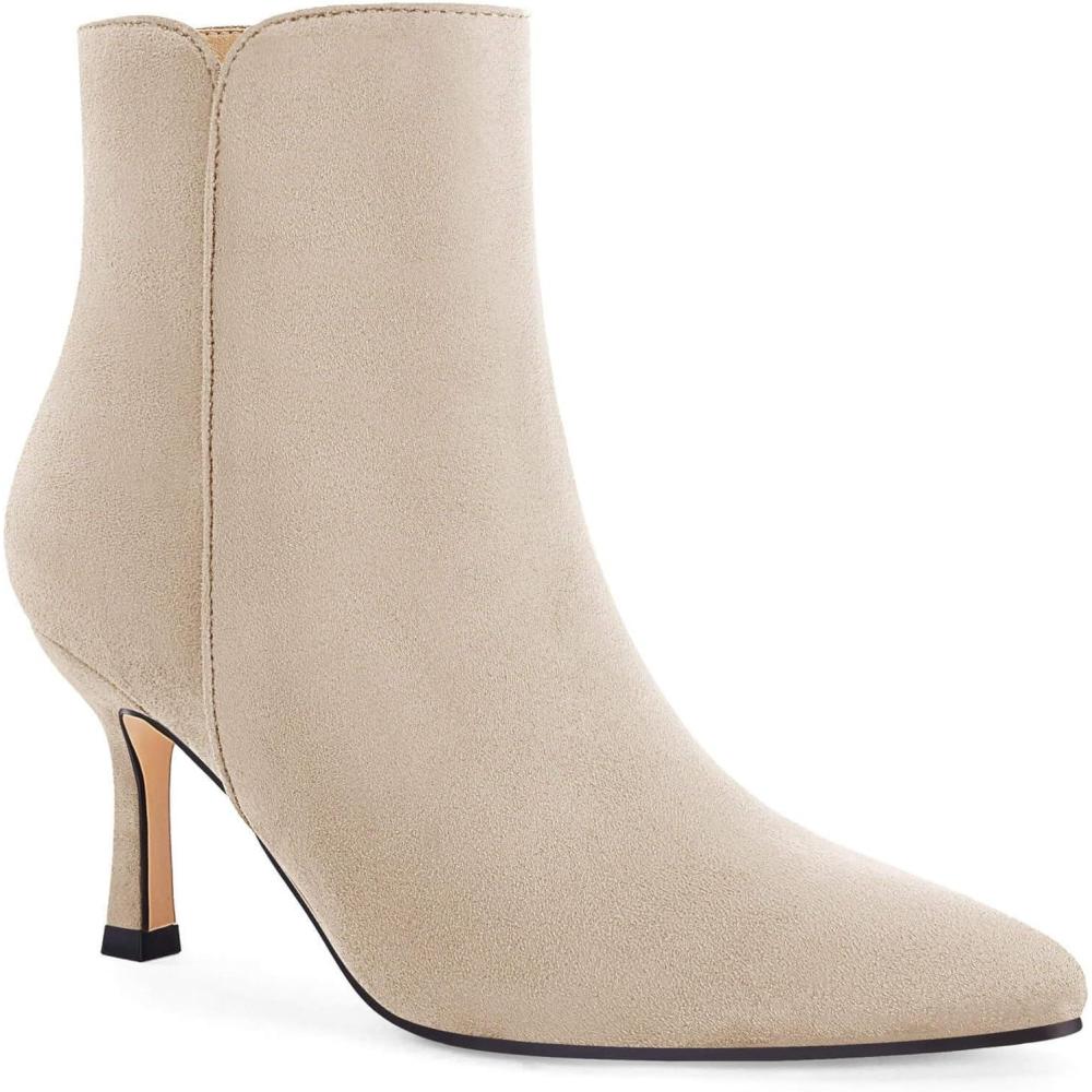 imageCoutgo Womens Kitten Heel Booties Pointed Toe Low Stiletto Side Zipper Ankle Boots ShoesBeige