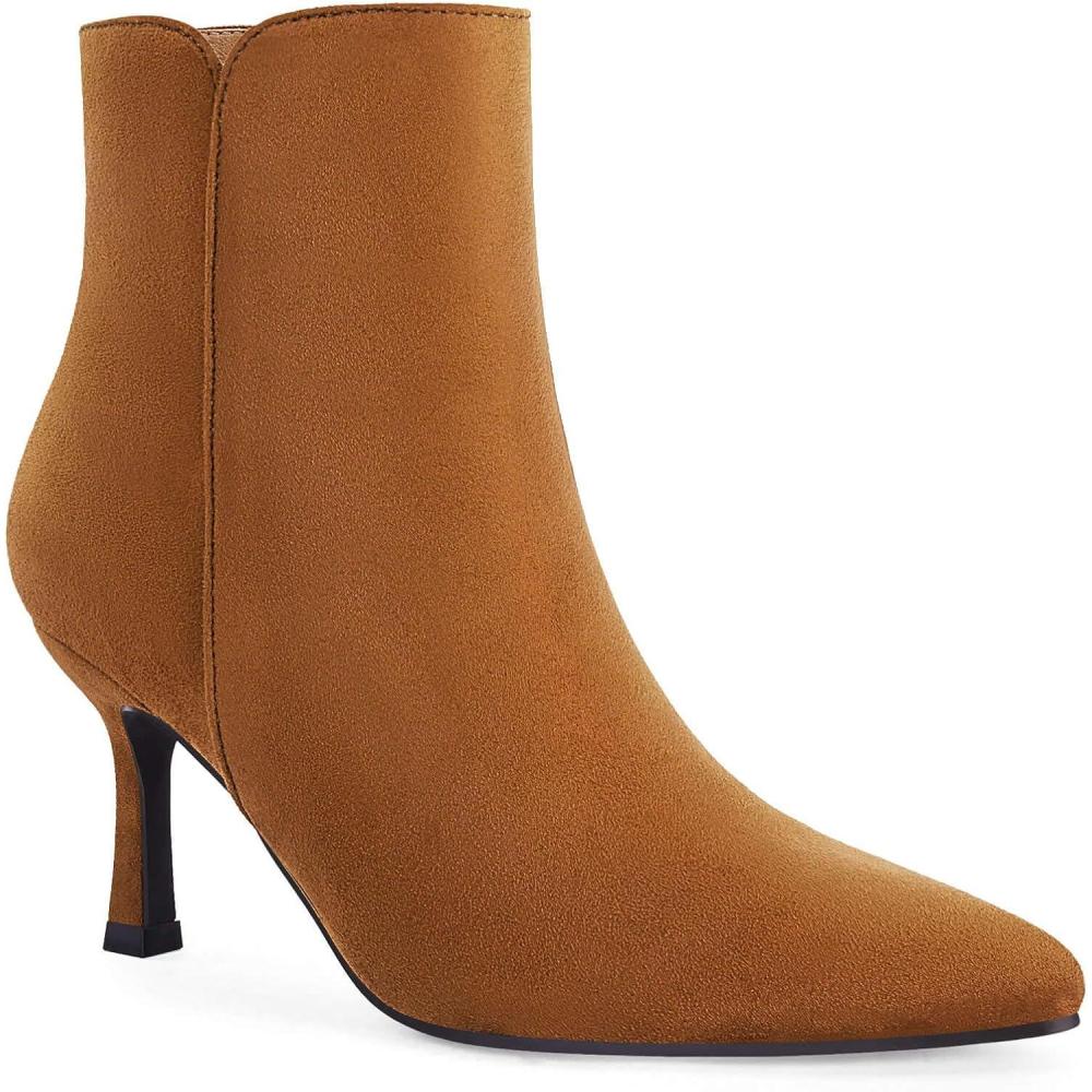 imageCoutgo Womens Kitten Heel Booties Pointed Toe Low Stiletto Side Zipper Ankle Boots ShoesBrown